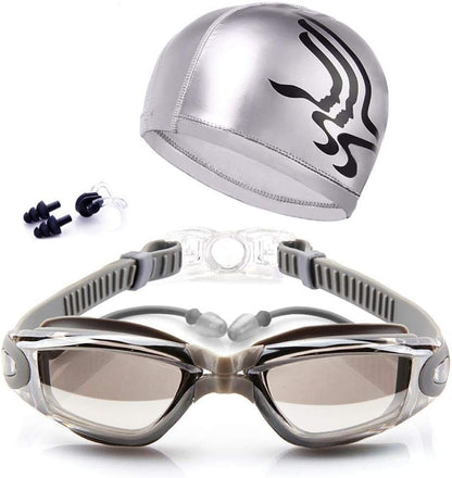 Adjustable Swimming Goggles and Cap Set – Adult Swim Goggles with Nose Clip & Earplugs
