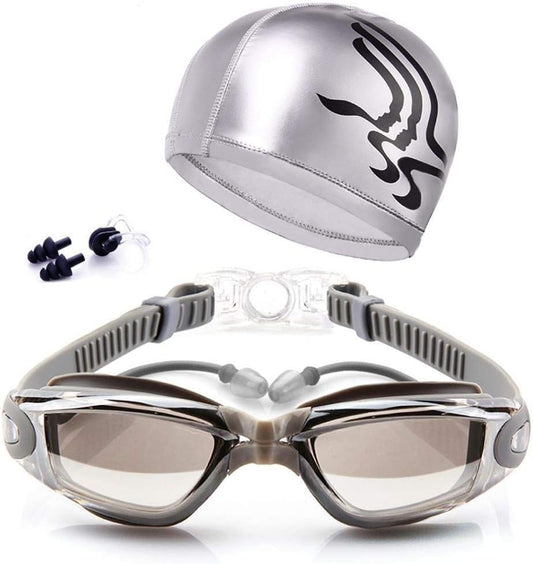 Adjustable Swimming Goggles and Cap Set – Adult Swim Goggles with Nose Clip & Earplugs