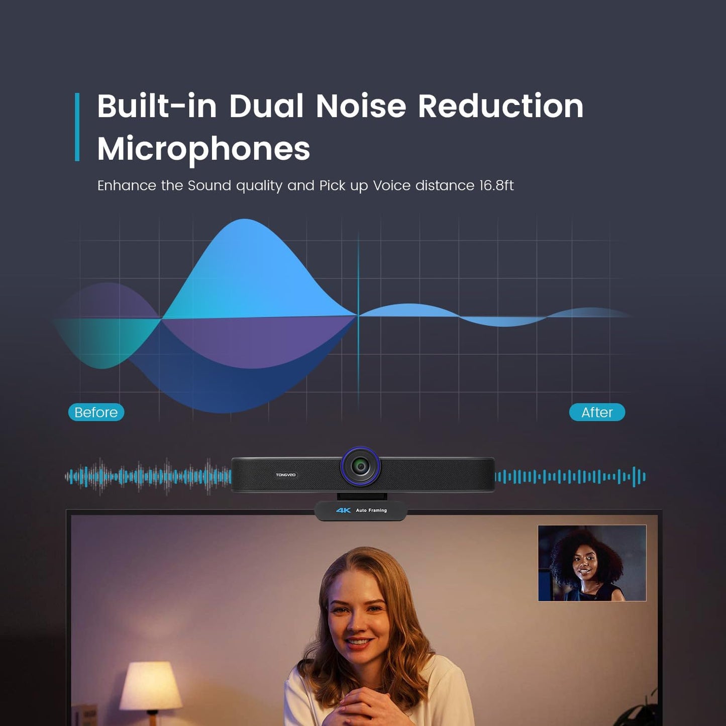Tongveo AI Tracking 4K Webcam – 5x Zoom, ePTZ, 4 Mics + Speaker, Remote Control (Wide Angle)