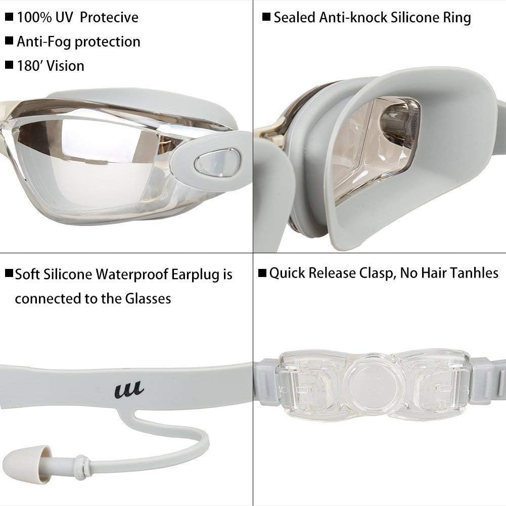 Adjustable Swimming Goggles and Cap Set – Adult Swim Goggles with Nose Clip & Earplugs