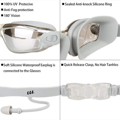 Adjustable Swimming Goggles and Cap Set – Adult Swim Goggles with Nose Clip & Earplugs
