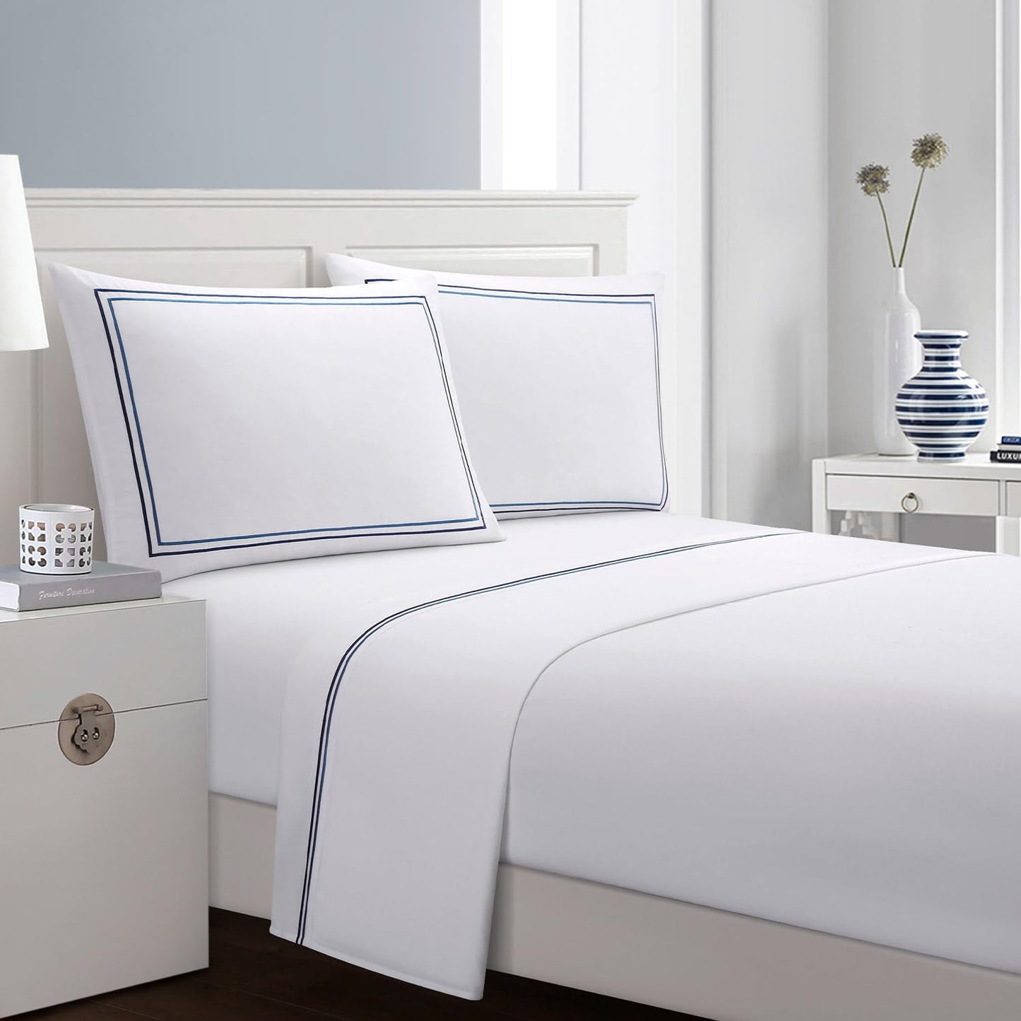 OSVINO King Sheet Set (3/4pcs) – Microfibre Bedding Set with Blue Line Embroidery, Deep Pocket 14–35cm