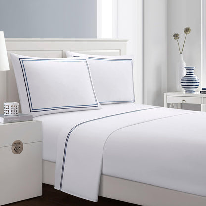 OSVINO King Sheet Set (3/4pcs) – Microfibre Bedding Set with Blue Line Embroidery, Deep Pocket 14–35cm