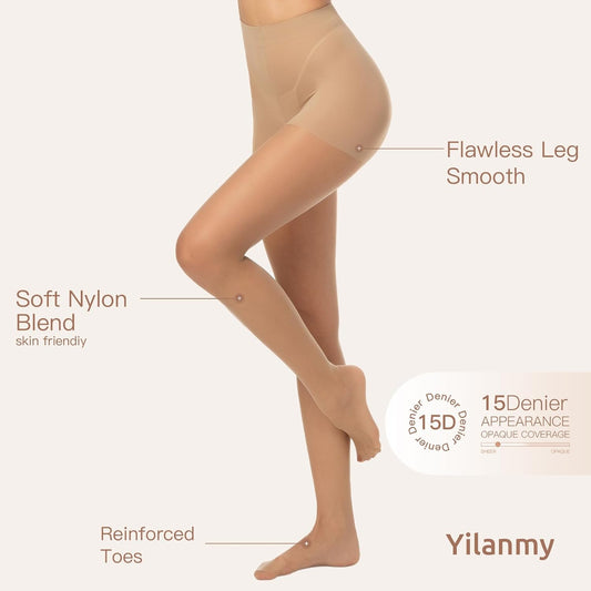 Yilanmy Sheer Tights for Women – 15 Denier High Waist Control Top Pantyhose