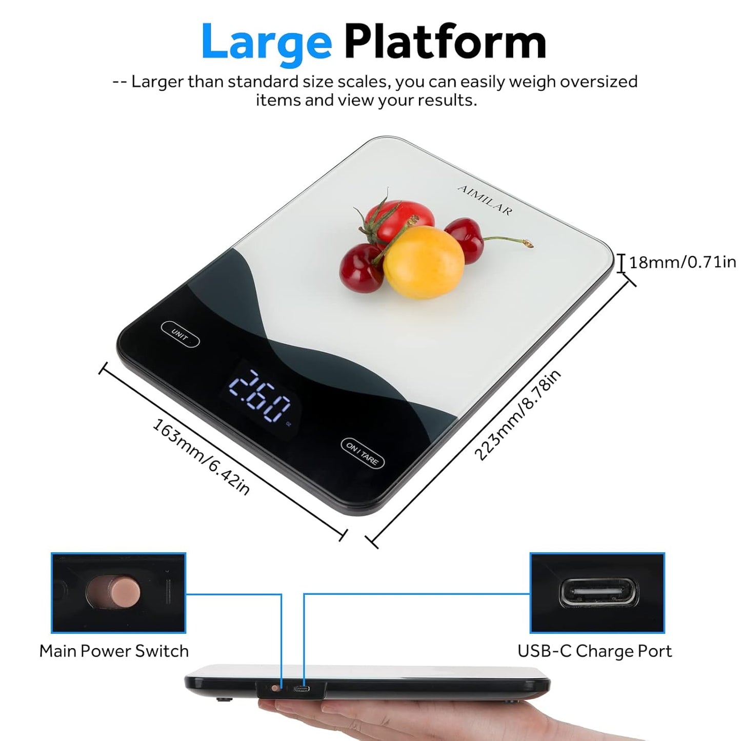AIMILAR USB‑C Rechargeable Digital Kitchen Scale – 22lb/10kg, 1g Accuracy, Tempered Glass (LED Display)