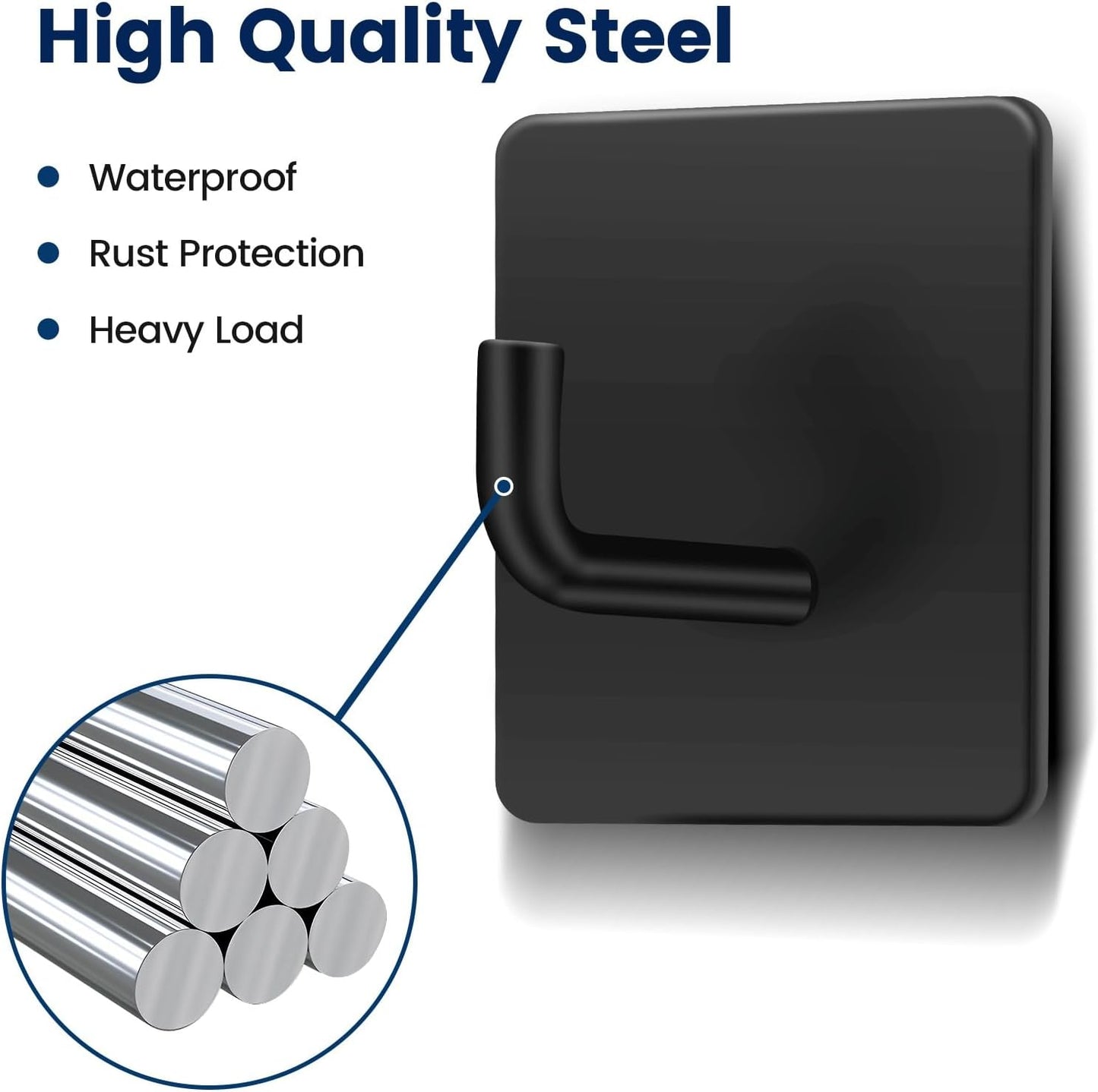 Self‑Adhesive Hooks 4‑Pack – Stainless Steel Stick‑On Wall Hooks, No‑Drill, Black