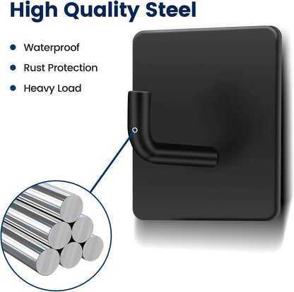 Self‑Adhesive Hooks 4‑Pack – Stainless Steel Stick‑On Wall Hooks, No‑Drill, Black