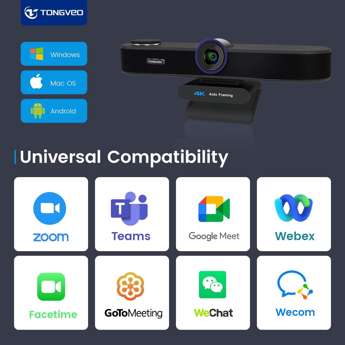 Tongveo AI Tracking 4K Webcam – 5x Zoom, ePTZ, 4 Mics + Speaker, Remote Control (Wide Angle)