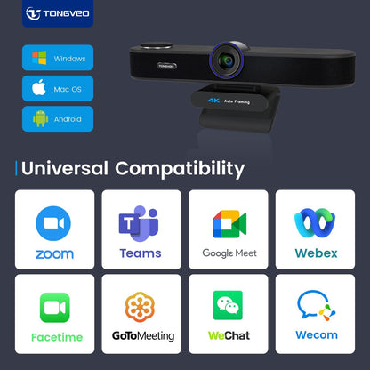 Tongveo AI Tracking 4K Webcam – 5x Zoom, ePTZ, 4 Mics + Speaker, Remote Control (Wide Angle)