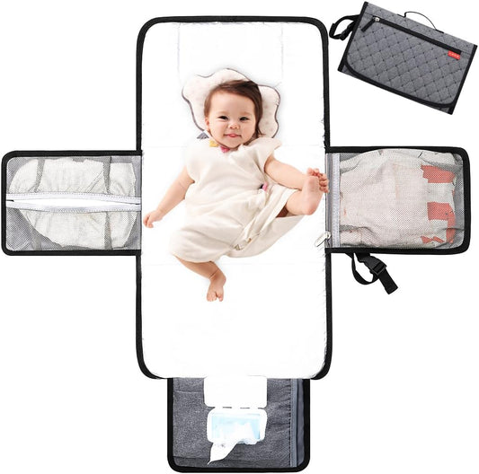 Lekebaby Portable Changing Mat – Baby Nappy Changing Mat for Travel with Wipe Pocket & Head Cushion - Quilting-grey