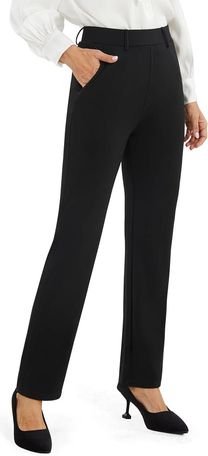 Women's Stretch Straight Leg Work Trousers | Pull-On Yoga Dress Pants with Pockets — Smart Office & Casual