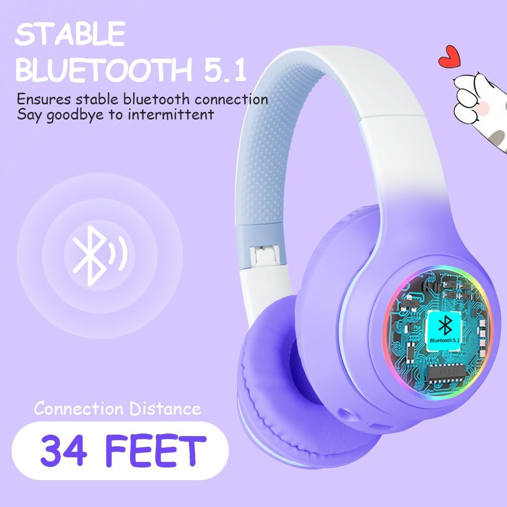 AXFEE Bluetooth Kids Headphones – LED Light Up Wireless/Wired Stereo Headset – Bluetooth 5.1 Foldable Over-Ear