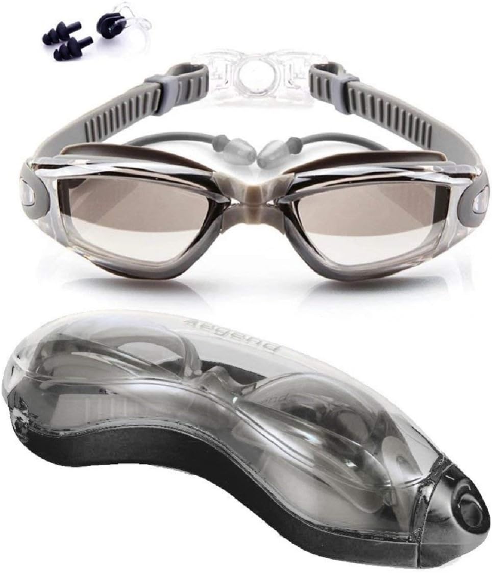 Adjustable Swimming Goggles and Cap Set – Adult Swim Goggles with Nose Clip & Earplugs