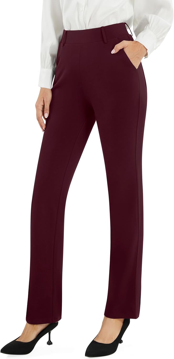 Women's Stretch Straight Leg Work Trousers | Pull-On Yoga Dress Pants with Pockets — Smart Office & Casual