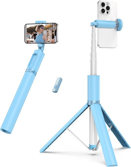ATUMTEK 1.4m Selfie Stick Tripod – Extendable Aluminium with Bluetooth Remote for iPhone, Samsung & More | Light Blue | UK