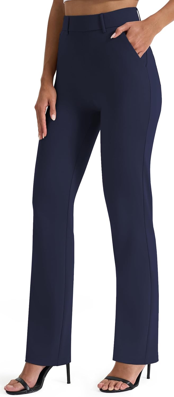 Women's Stretch Straight Leg Work Trousers | Pull-On Yoga Dress Pants with Pockets — Smart Office & Casual