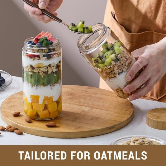 4 Pack Overnight Oats Containers – 16oz Glass Jars with Bamboo Lids