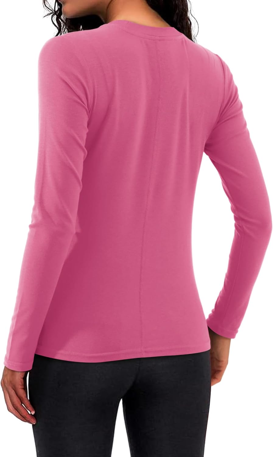 Women's Ribbed Long Sleeve Crew Neck Top | Slim Fit Stretch Tee — Rose, Size L