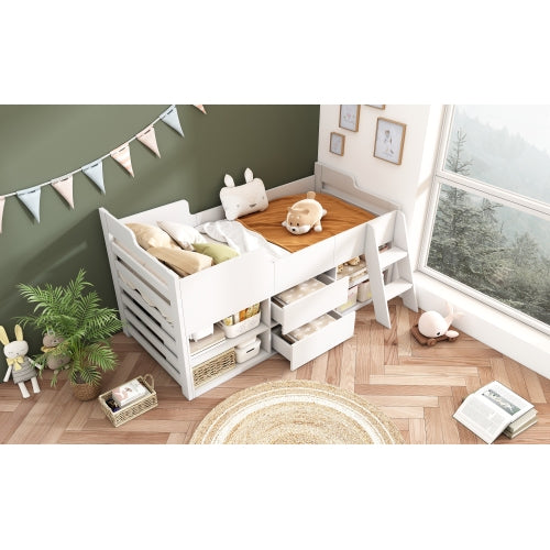 Kids Cabin Bed with Storage – 3ft Single (90×190cm) Mid Sleeper Bed Frame with Drawers & Shelves | White | UK