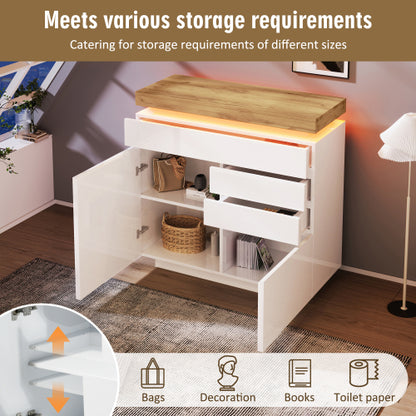 High-Gloss Sideboard Cabinet with RGB LED Lighting | 2 Doors & 3 Drawers, App-Controlled, White — 110 x 115 x 39 cm