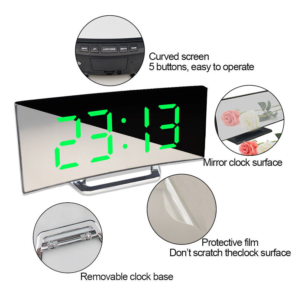 LED Digital Alarm Clock USB Temperature Curved Display Snooze Bedside Modern Hot