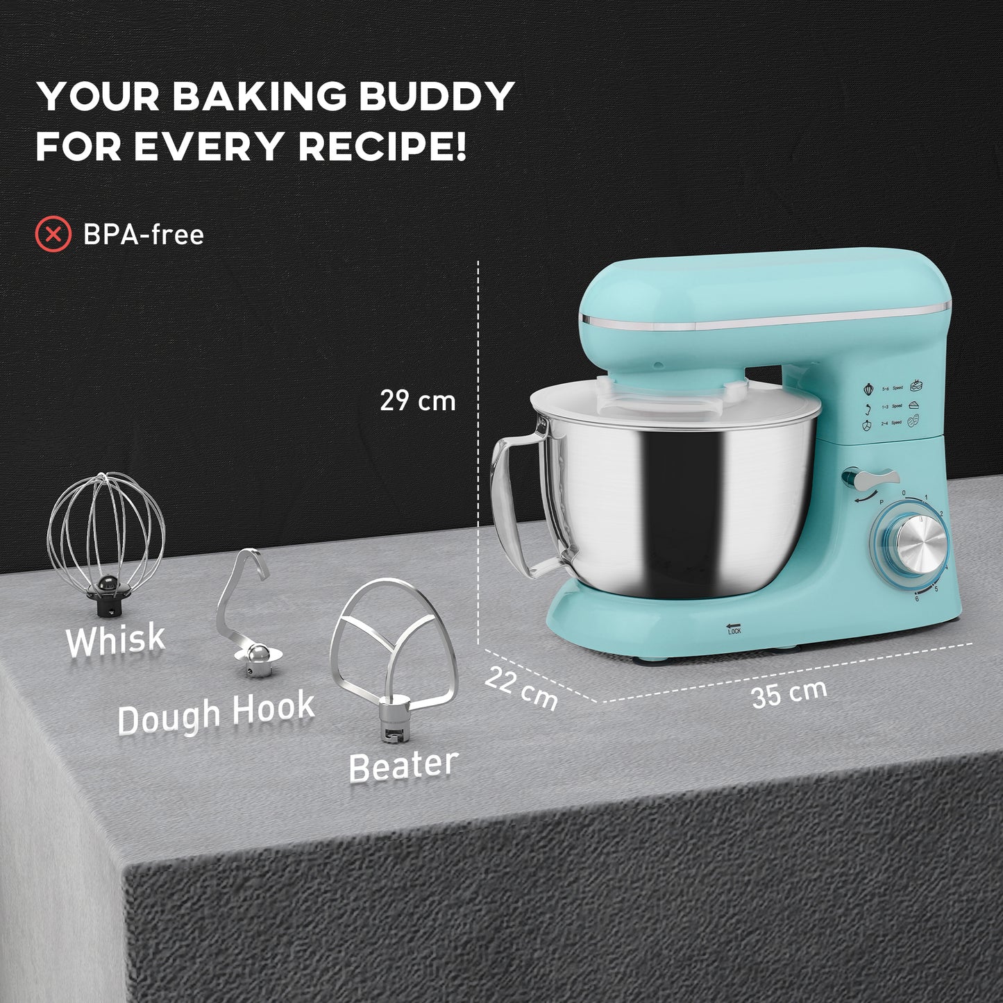 1300W Stand Mixer | 6-Speed Tilt-Head, Stainless Steel Bowl, Dough Hook, Whisk & Beater (Blue)