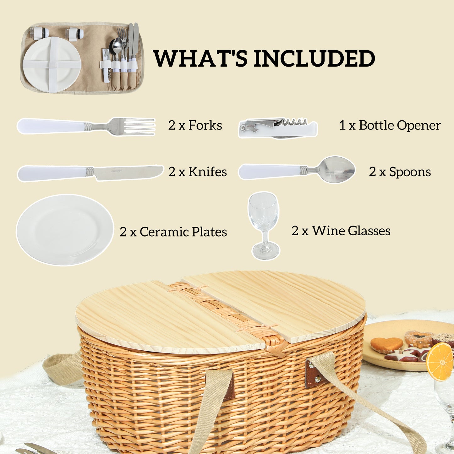 Wicker Picnic Basket for 2 | Hamper with Cooler, Cutlery & Pine Lid | Light Brown