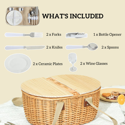 Wicker Picnic Basket for 2 | Hamper with Cooler, Cutlery & Pine Lid | Light Brown