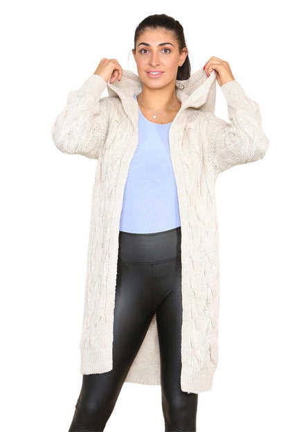 Knitted Cables Hooded Long Oversized Cardigan - Italian Made Women's Cozy Knitwear | UK Fashion