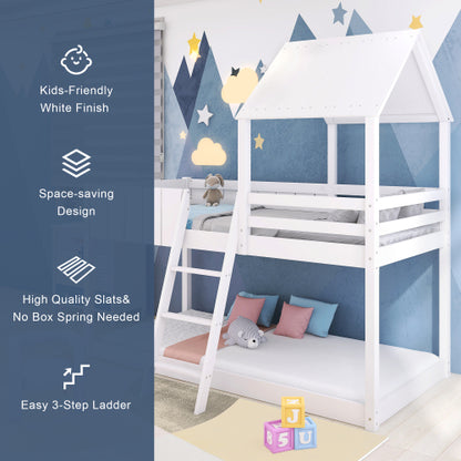 Wooden Mid Sleeper Bed (3ft Single) – Treehouse Canopy Loft Bed with Ladder & Guard Rail (90×190cm) | White | UK