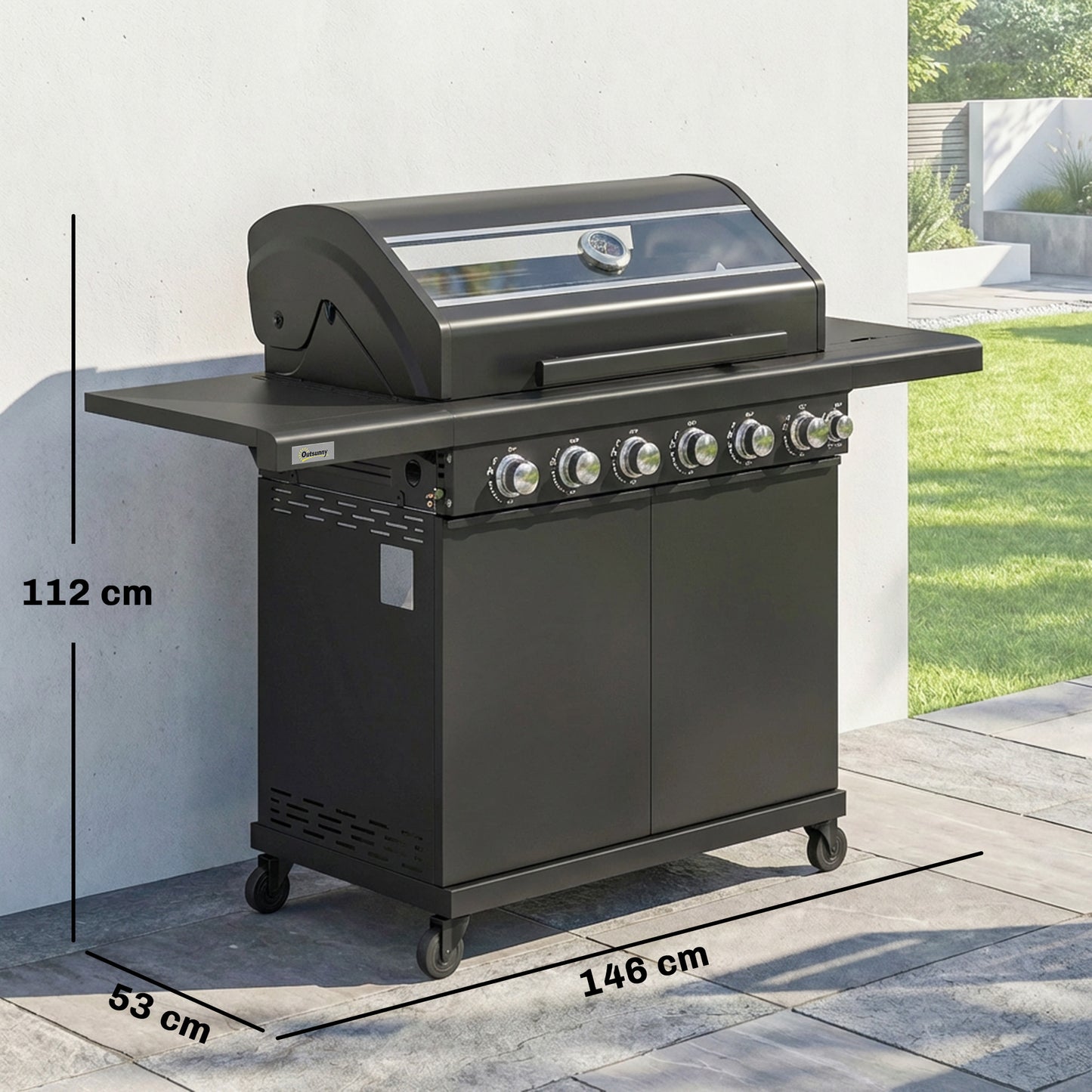 Outsunny six plus one burner gas barbecue grill in black - product view 3