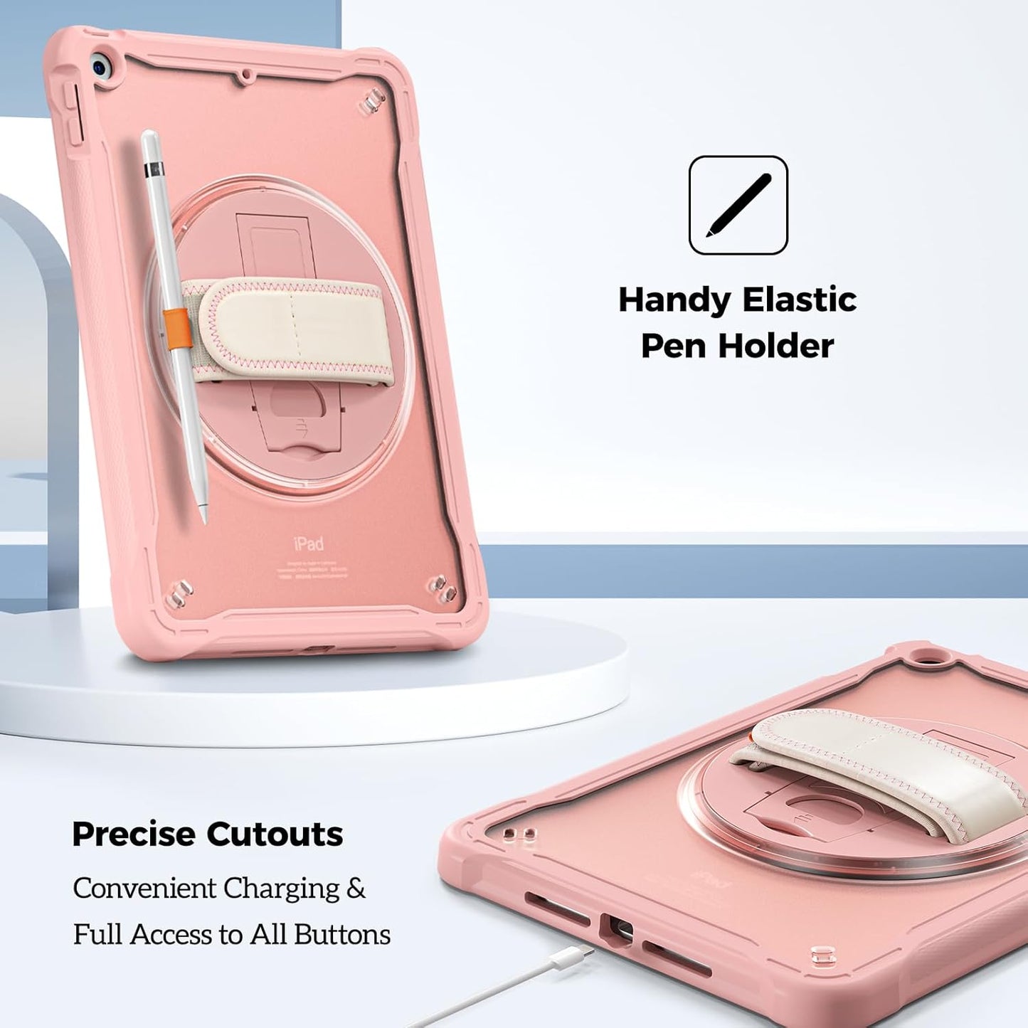 ProCase Rugged iPad Case for 10.2" (9th/8th/7th Gen) – Heavy‑Duty Cover with Hand Strap & Kickstand | Pink | UK