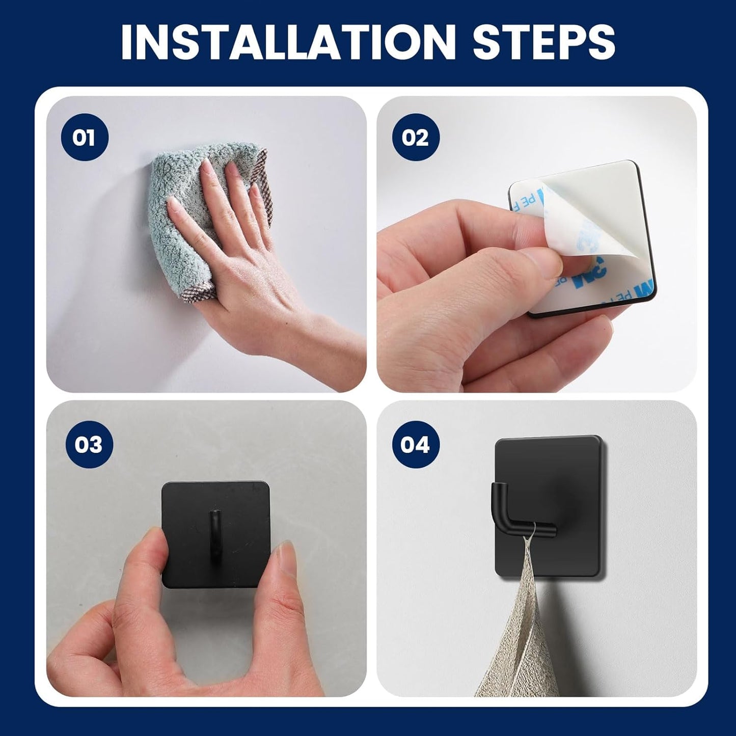 Self‑Adhesive Hooks 4‑Pack – Stainless Steel Stick‑On Wall Hooks, No‑Drill, Black
