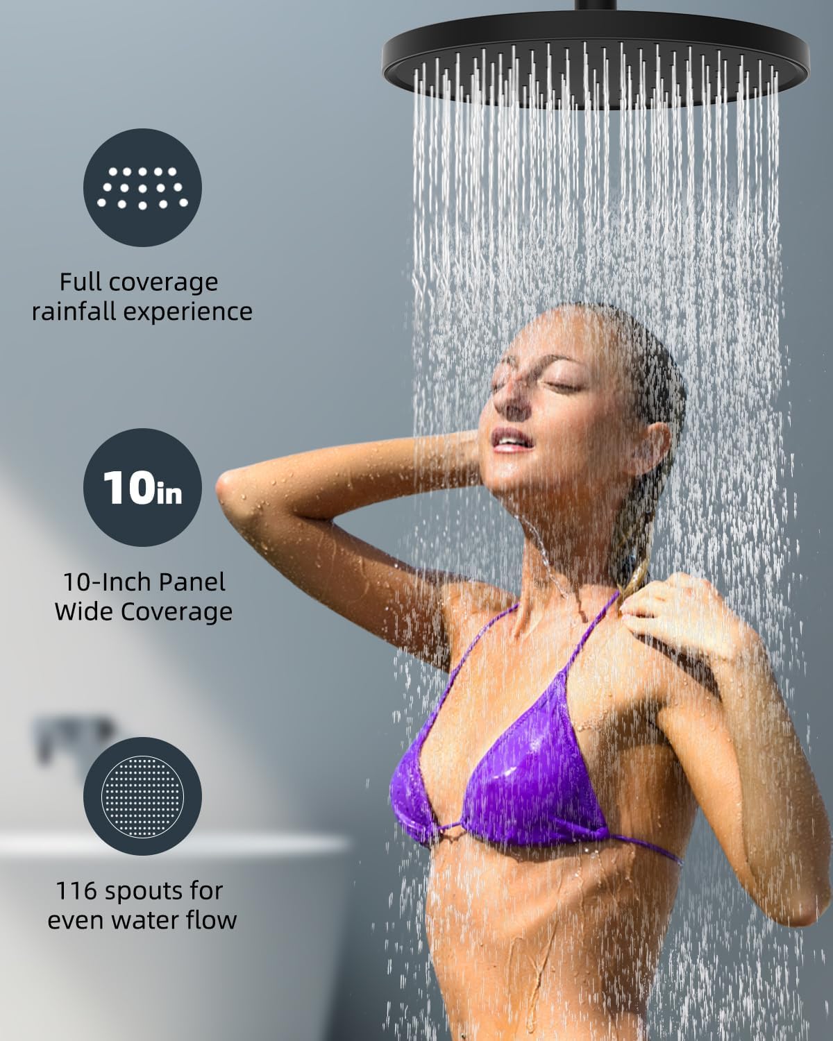 Hibbent 10" Round Rainfall Shower Head – Fixed Overhead Shower Head with Self‑Cleaning Nozzles (Black)