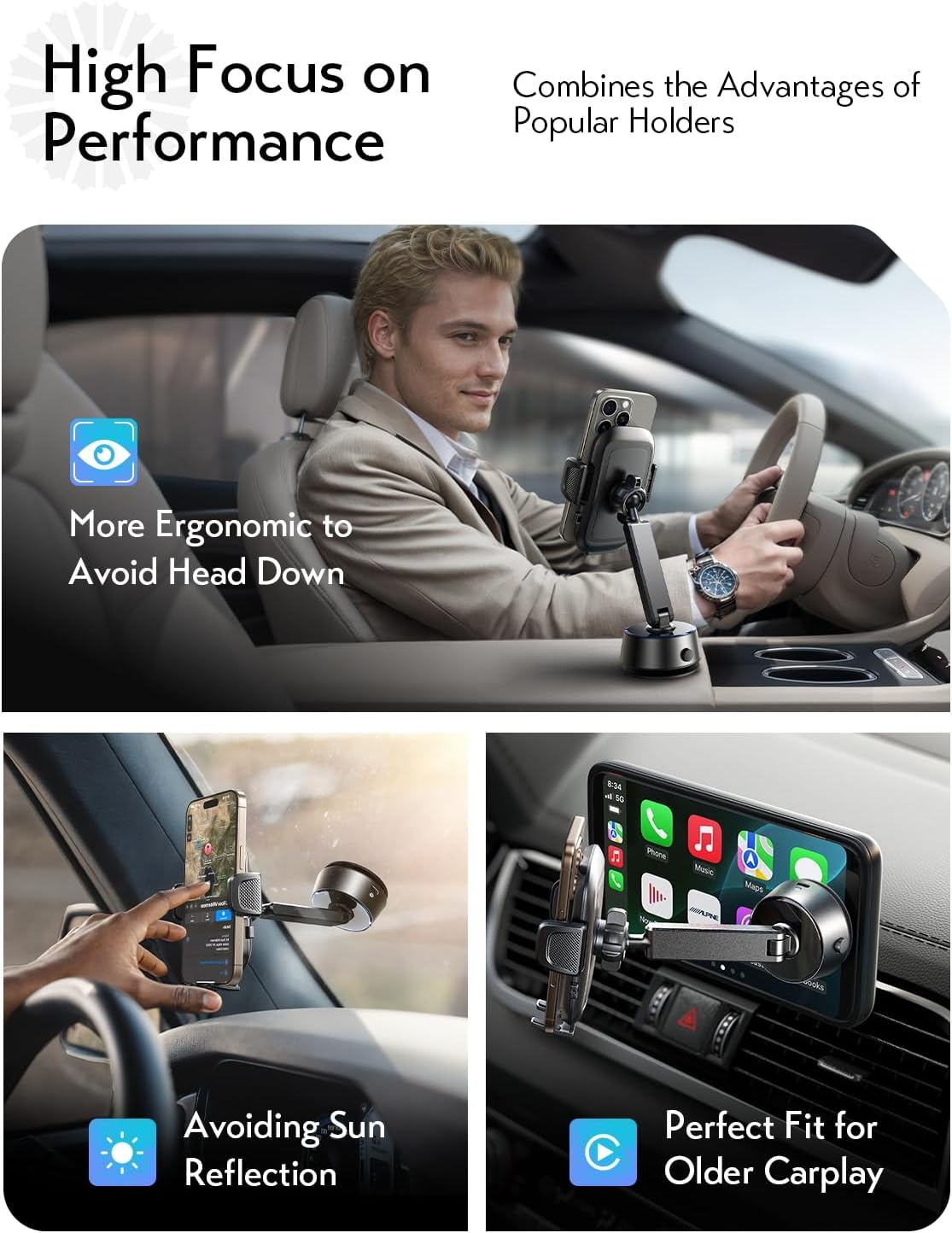 LISEN Car Phone Holder Mount – Electronic Suction Cup, 360° Rotation, Fits 4.0–7.6" Phones