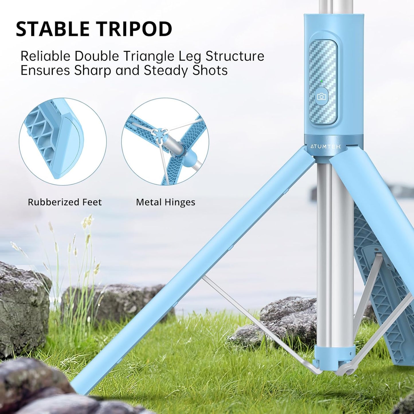 ATUMTEK 1.4m Selfie Stick Tripod – Extendable Aluminium with Bluetooth Remote for iPhone, Samsung & More | Light Blue | UK