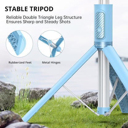ATUMTEK 1.4m Selfie Stick Tripod – Extendable Aluminium with Bluetooth Remote for iPhone, Samsung & More | Light Blue | UK