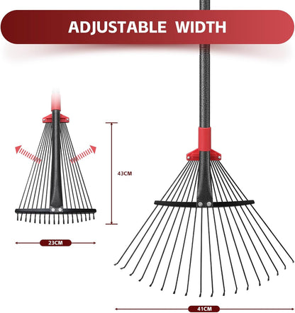 Garden Leaf Rakes for Lawns Heavy Duty, 23-41 cm Adjustable Rake Head, 82-230 cm Adjustable Long Handle, Metal Rake Tool for Gardening Camping Clear Collect Leaves Debris, 18 Anti-Rust Metal Tines