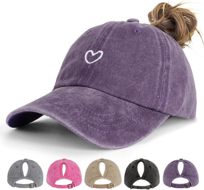 Women's Ponytail Baseball Cap | Vintage Washed Cotton, Adjustable High Bun Hat — Bow & Heart Designs