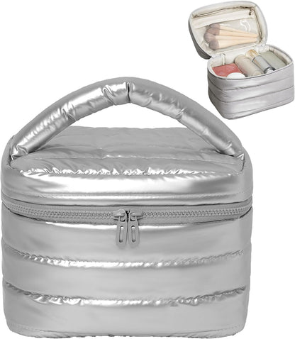 Prite Puffy Padded Makeup Bag – Waterproof Quilted Cosmetic Travel Toiletry Bag | Silver | UK