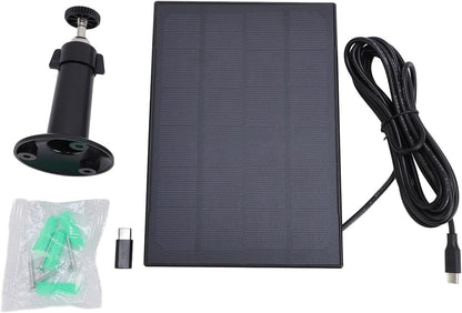 8W Solar Panel Charger for Security Cameras – Micro USB + USB‑C, 9.8ft Cable, 360° Adjustable Mount (Black)
