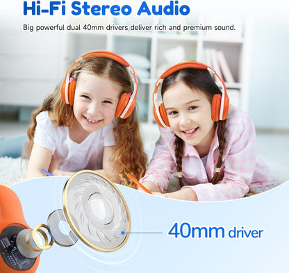 EarFun Kids Wireless Headphones – Bluetooth 5.4, Volume Limited 85/94dB, Foldable Over‑Ear with Mic (Orange)