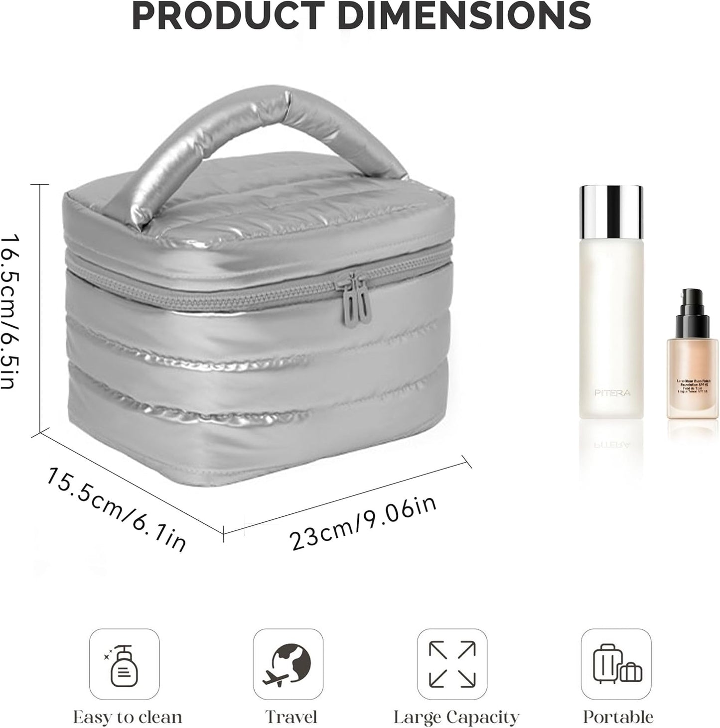 Prite Puffy Padded Makeup Bag – Waterproof Quilted Cosmetic Travel Toiletry Bag | Silver | UK