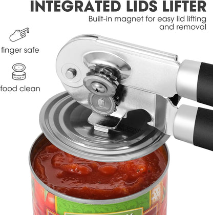 UHIYEE Manual Tin Can Opener – Stainless Steel, Soft Grip Handles, Magnetic Lid Lifter (Black)