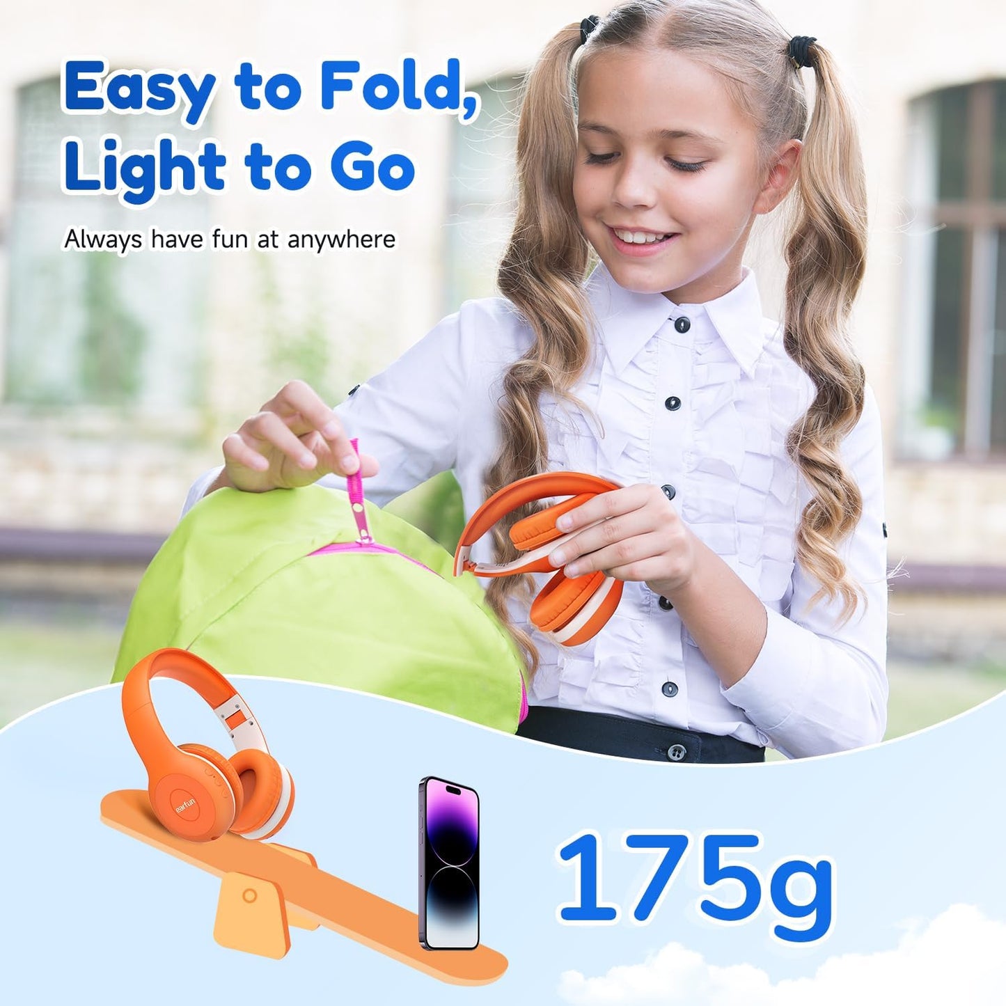 EarFun Kids Wireless Headphones – Bluetooth 5.4, Volume Limited 85/94dB, Foldable Over‑Ear with Mic (Orange)