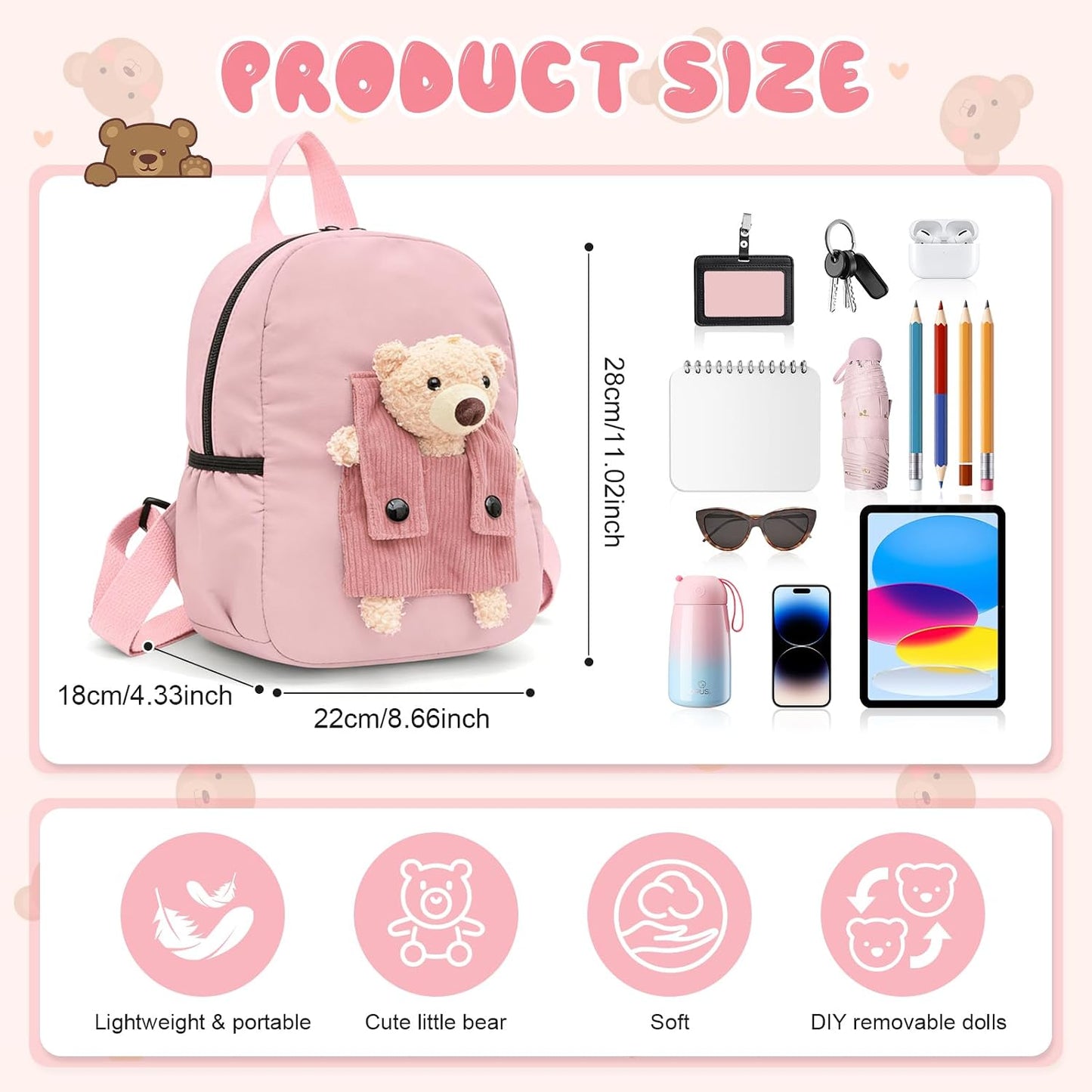 Aucuu Cute Bear Kids Backpack | Detachable Teddy | Adjustable Straps | Preschool & Kindergarten | Boys & Girls