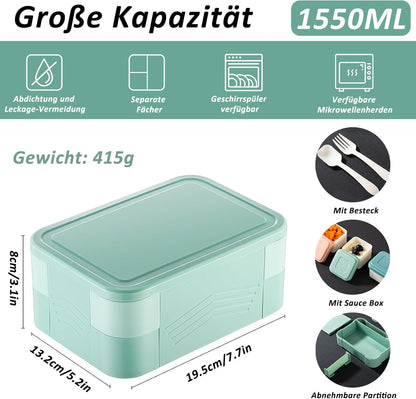CALIYO 1550ml Leak-Proof Bento Lunch Box - BPA-Free Compartment Food Container with Utensils for UK Adults & Children