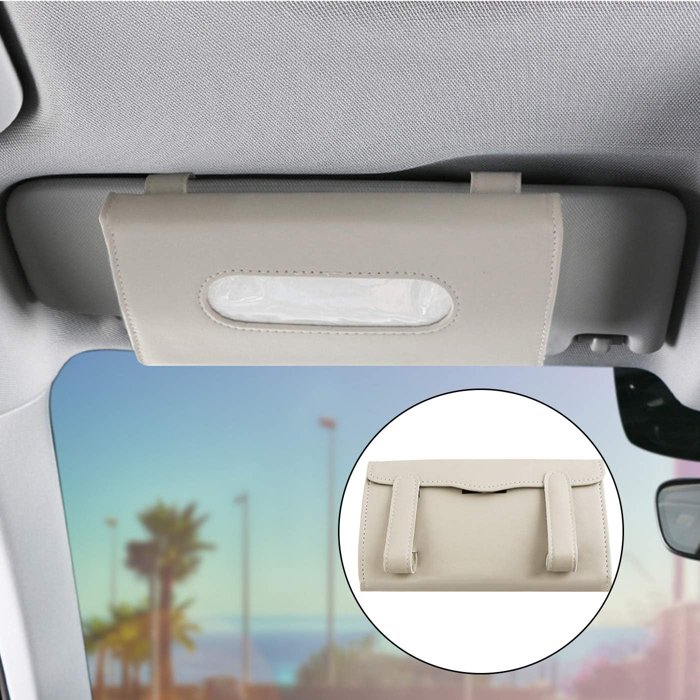 Car Visor Tissue Box – Creamy-White PU Leather Car Tissue Holder, Backseat & Sun Visor Organiser, Rectangular Tissue Dispenser for Car Accessories