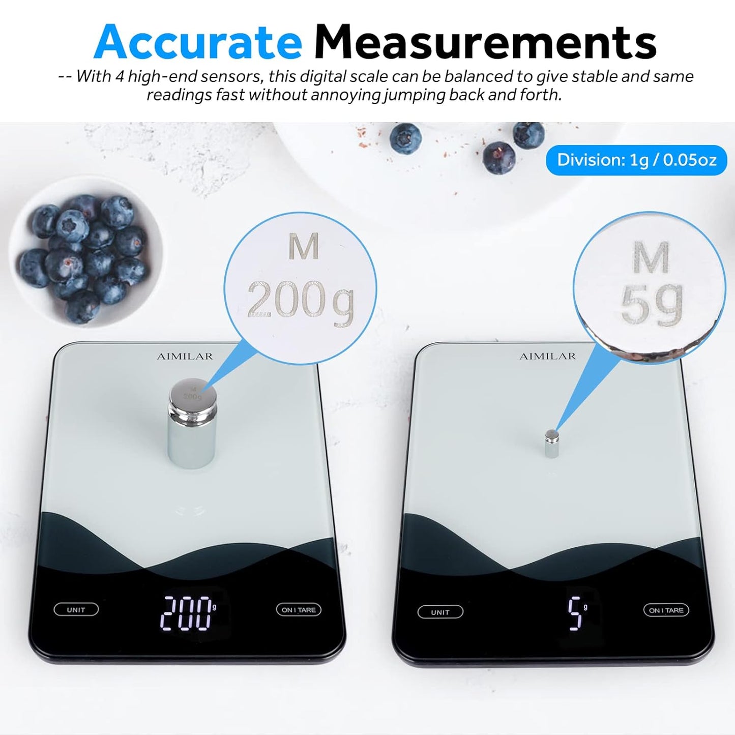 AIMILAR USB‑C Rechargeable Digital Kitchen Scale – 22lb/10kg, 1g Accuracy, Tempered Glass (LED Display)