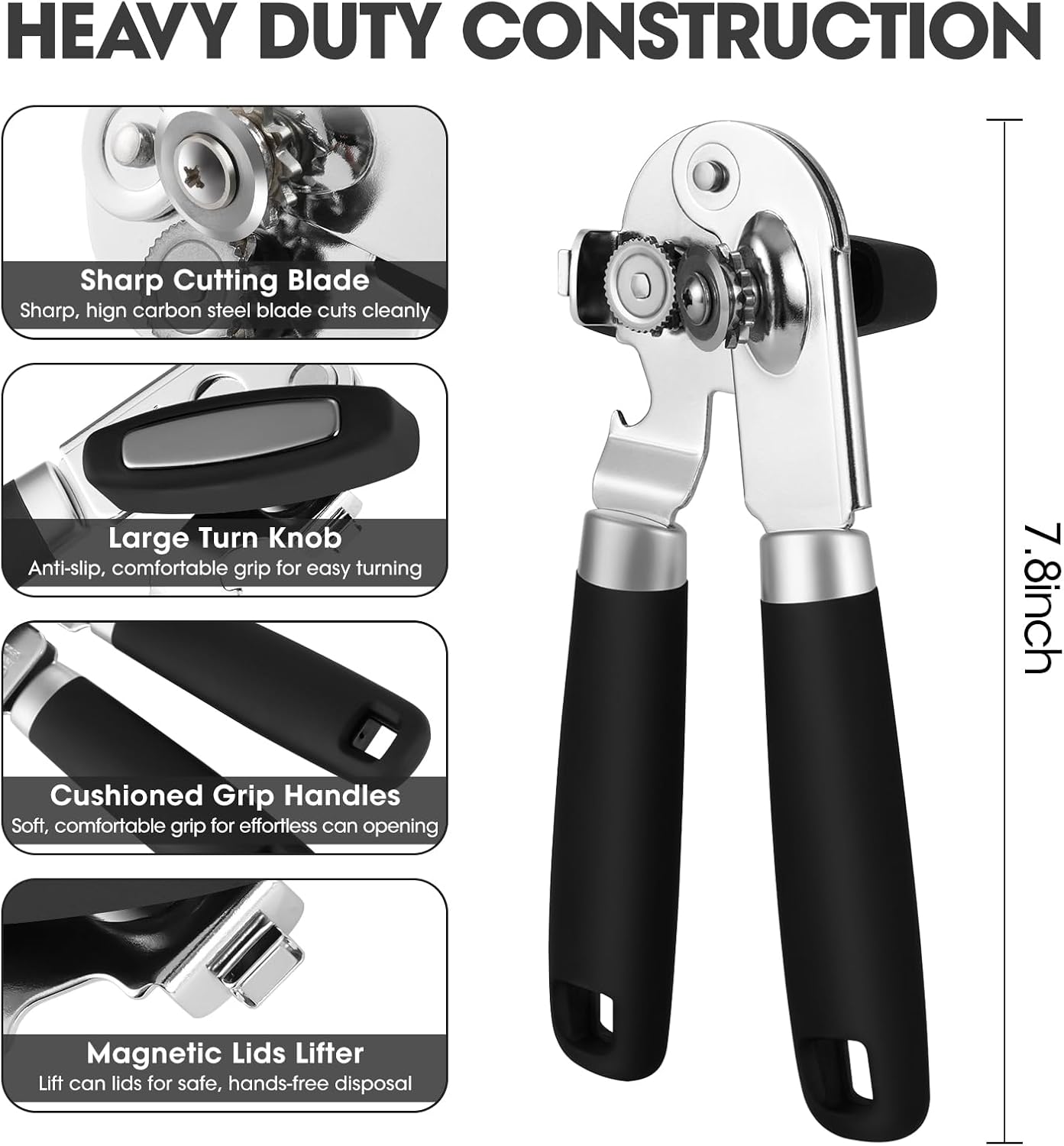 UHIYEE Manual Tin Can Opener – Stainless Steel, Soft Grip Handles, Magnetic Lid Lifter (Black)